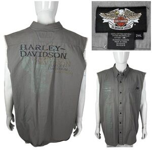 Harley Davidson Mens 2XL Shirt Gray Sleeveless Embroidered Logo Eagle Vintage